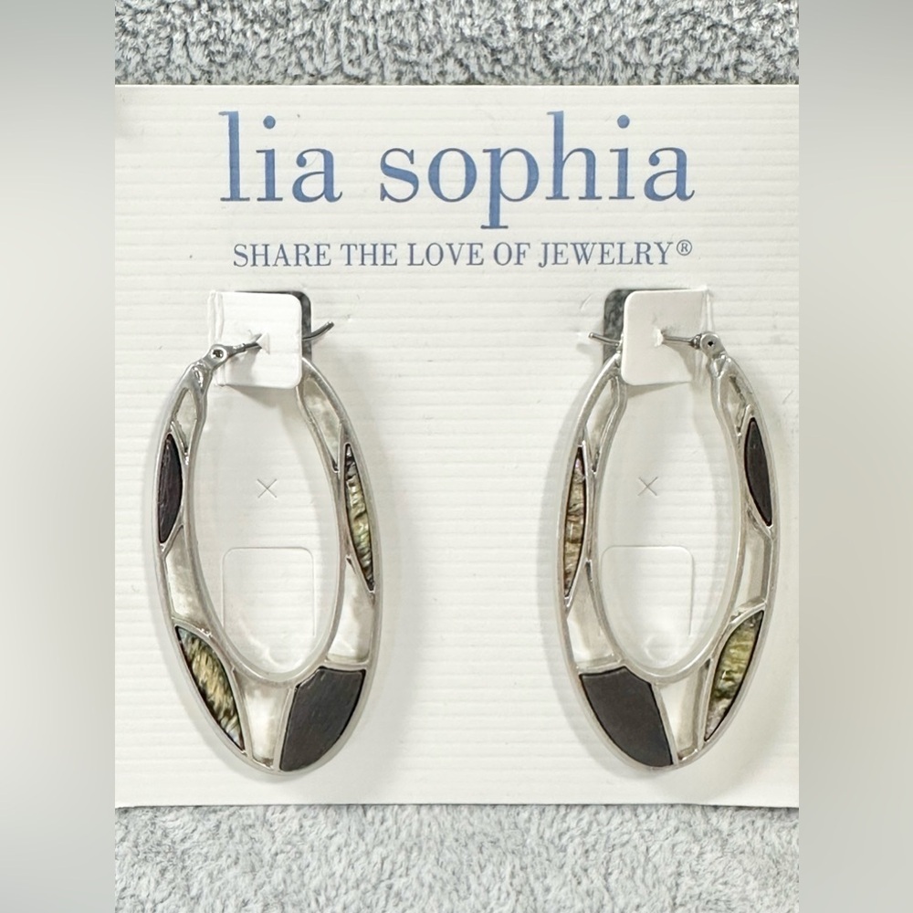 Lia Sophia ANTIGUA Elongated Oval Hoop Silver Tone  Abalone Shell Earrin…